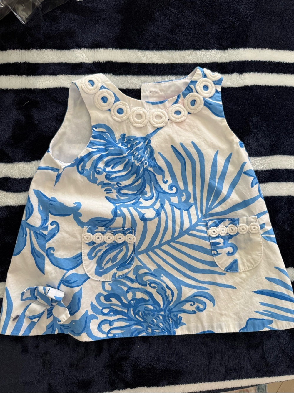 Lilly Pulitzer White Tank Dress with Blue Tropical Print and Eyelet Trim